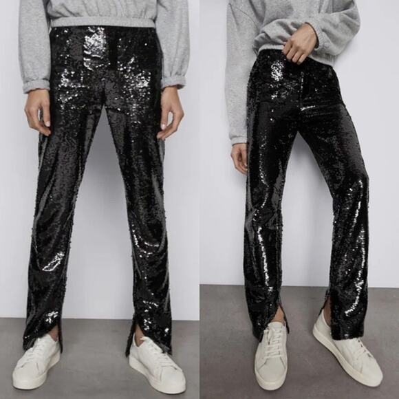 Zara High Waisted Sequin Pants With Side Slit Hem Sequinned Trousers Blogger - Picture 2 of 16